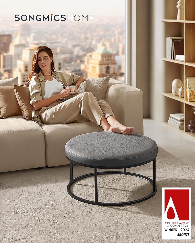 SONGMICS HOME LUIZ Collection - Ottoman, Round Coffee Table, Footstool, Reversible Top, Padded Seat, Side Table, Minimalist, Steel Frame, Max. Load 660 lb, for Living Room, Dove Gray ULOM078G01