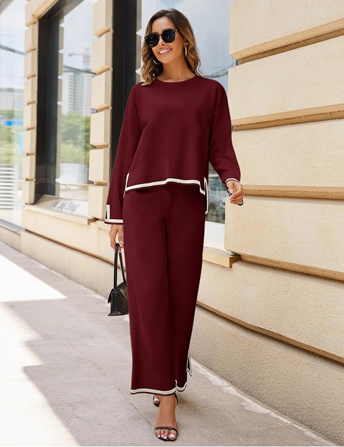 Tanming Women's 2 Piece Outfits Long Sleeve Knit Sweater Top Wide Leg Pants Lounge Sets Tracksuits