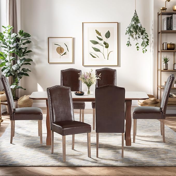 SNUGWAY Upholstered Dining Chair Stylish Parsons Kitchen High Back with Silver Nailhead Trim & Wood Legs, 2-Pack, PU Dark Brown