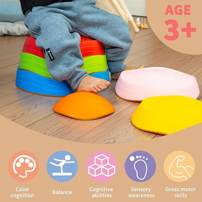 Oranmew Stepping Stones for Kids – Toddler Stepping Stones for Balance and Sensory Play, Non-Slip Indoor and Outdoor Balance Toys for Boys and Girls Age 3+, Stackable 6 Pcs Set