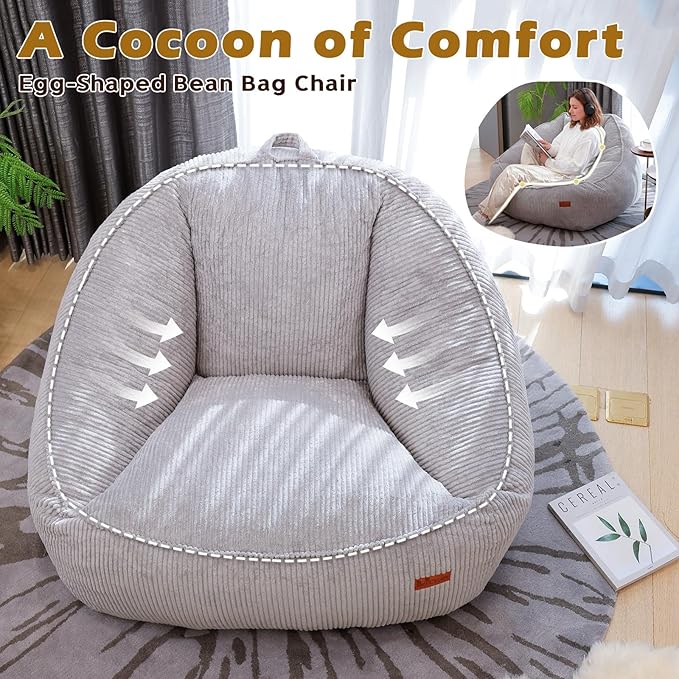 Bean Bag Chair, Cozy Fluffy Beanbag Chairs with Filler for Teens and Kids, Floor Lazy Sofa for Living Room, Gaming & Reading（M-Light Grey）