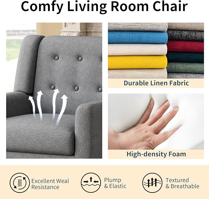Accent Chairs, Mid-Century Modern Upholstered Living Room Armchair, Comfy Oversized Linen Fabric Single Reading Arm Chair with Tufted Back and Wood Legs for Bedroom, Club (1, Grey)