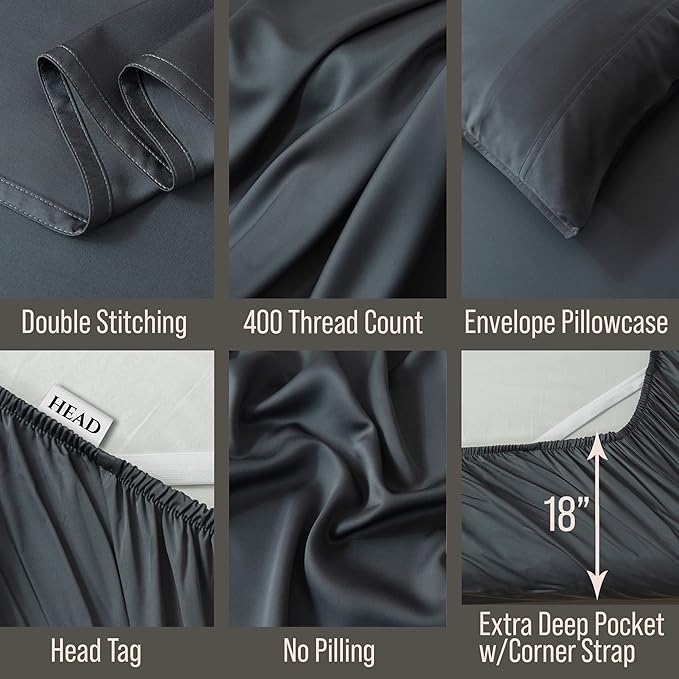 Bella Coterie Luxury Bamboo Viscose Split King Size Sheet Set | 2 Fitted Sheets for Sleep Number & Adjustable Beds | 100% Organically Grown | Cooling & Ultra Soft | 18” Deep Pocket [Charcoal Grey]