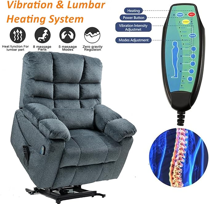 Lift Recliner Chairs with Heat and Massage for Elderly, Zero Gravity, Big Man Recliners 400lbs, Triple Motor, Power Lift Recliner Chair with Storage Cup Holders for Adults, Sleeping, Blue