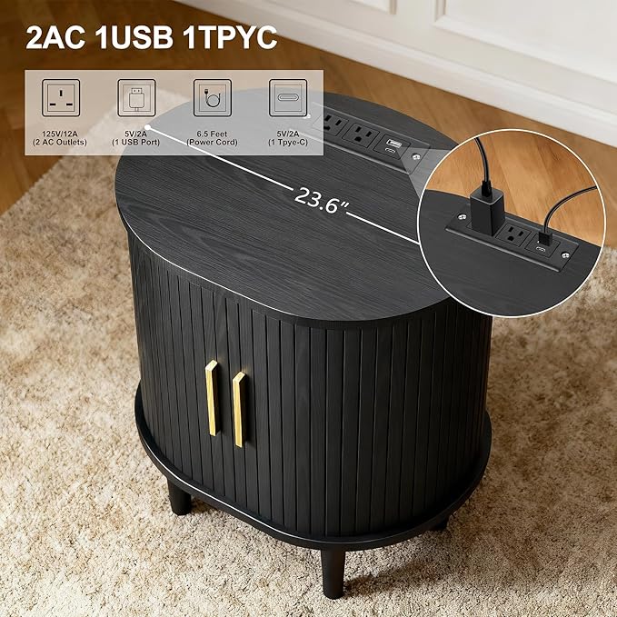 DHH Mid Century Modern Nightstand Set of 2 with Charging Station, Fluted Accent Side Table with Sliding Door & Adjustable Shelf, End Table for Small Space, Living Room, Bedroom,Sofa Couch, Black