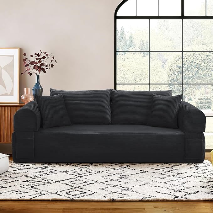 83" Sofa in a Box, 3 Seater Couch No Assembly Boneless Sofa Bed with Cushion Back 2 Matching Pillows Deep Seat Corduroy Fabric Side Storage Pockets for Living Room, Bedroom, Apartment, Office, Black