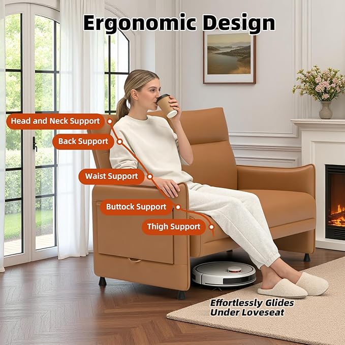 Faux Leather Loveseat, Upholstered Loveseat with Hidden Foldable Tray & Side Pocket, Front Contour Arm Design, Modern 2-Seater Sofa Couch for Compact Spaces, Brown