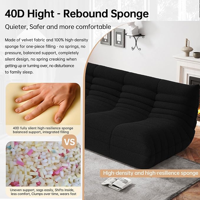 Bean Bag Chairs for Adults, BeanBag Reading Chair Memory Foam Couch 3-Seater, Floor Chair Soft Teddy Material, Comfy Reading Nook Chairs for Bedroom Living Room Office (Black)
