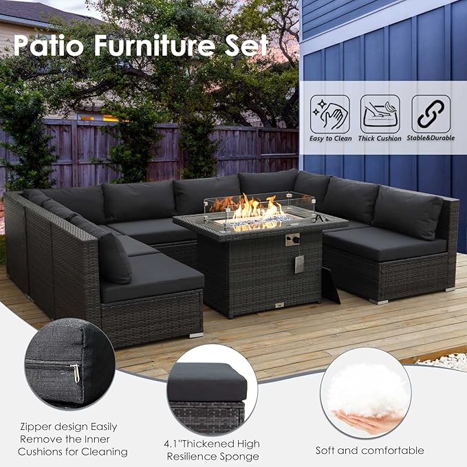 RADIATA 9 Piece Wicker Patio Furniture Set with Fire Pit, All-Weather Outdoor Sectional Couch High Back Large Size, Modular Backyard Seating Sofa Set with Propane/Natural Gas Firepit Table, Dark Grey