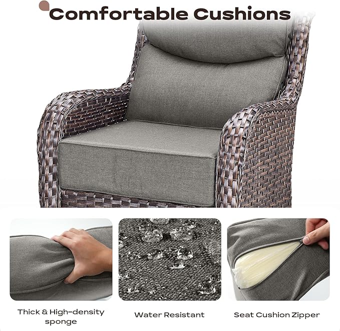 Rilyson Outdoor Patio Furniture Set - Weather Resistant Wicker,High Back,6 inch Cushions,4 Piece Patio Furniture Set with Swivel Rocker Chairs and Ottomans for Deck Porch Yard,Brown/Grey