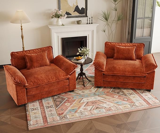 HUSFU 49.5'' W Oversized Accent Chair, Chenille Cloud Sofa Chair with Deep Seat and Extra Wide Armrests, Comfy Reading Armchair for Bedroom, Living Room, Set of 2, Terracotta Orange