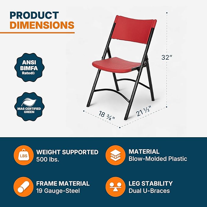 OEF Furnishings OEF600 Series High Back Folding Chairs, Blow-Molded Polyethylene Commercial-Grade Seating for Indoor and Outdoor Use, 500 lb Weight Capacity, 4-Pack (Red)