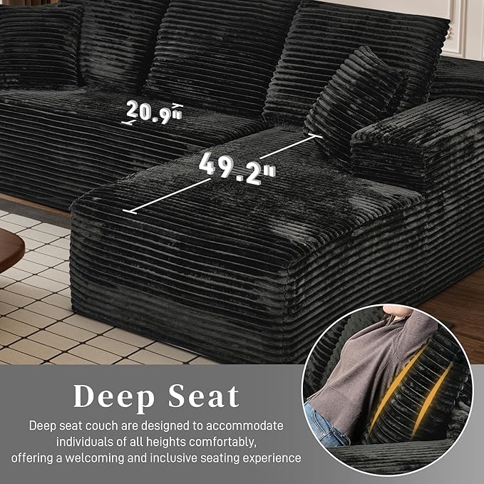 Modular Sectional Sofa Cloud Sectional Couch, 107" Comfy Fluffy L Shaped Black Couches for Living Room, Deep Seat Memory Foam Plush Corduroy Boneless Couch Sectionals with Right Facing Chaise Sofa