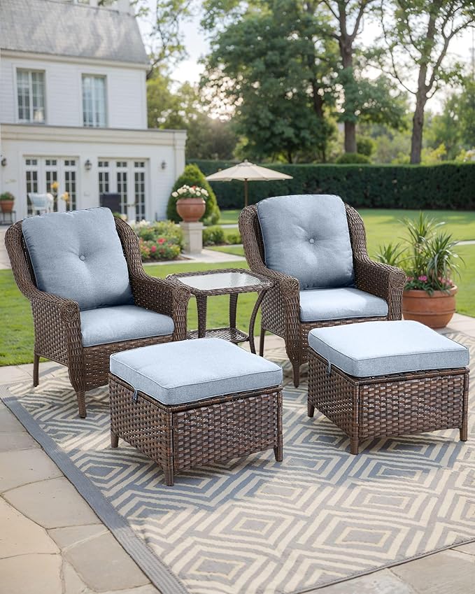 ACTREST 3 Piece Patio Brown Wicker Chairs with Side Table - Outdoor High Back Heavy Duty All-Weather Lawn Dining Rattan Chair Conversation Bistro Set for Deck Porch Balcony Backyard Garden - Baby Blue
