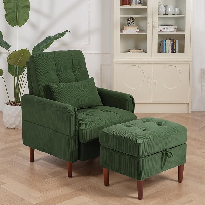 Lumibee Accent Chair with Storage Ottoman, Upholstered Comfy Reading Chair with Adjustable Reclining Backrest, Corduroy Fabric Lounge Chair Armchair for Living Room Bedroom, Green