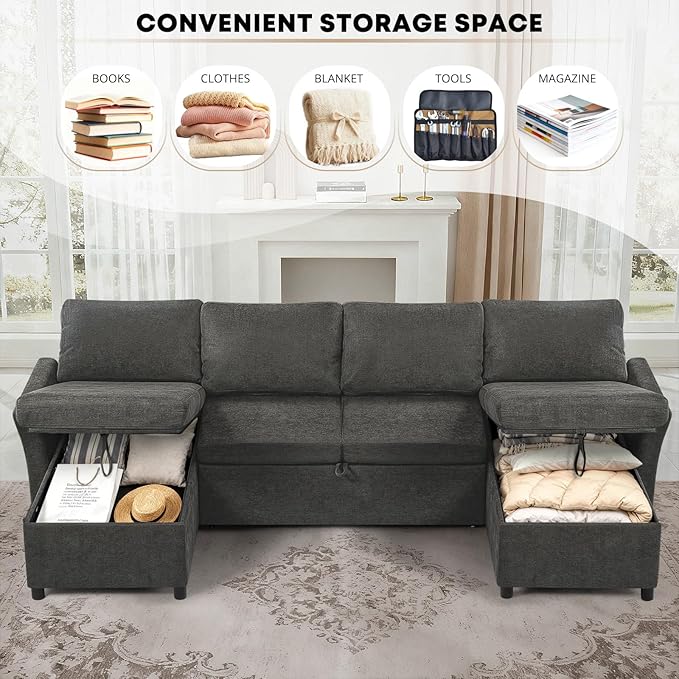 ACMEASE 107 Inches Fabric Sectional Sofa with Pull Out Sofa Bed, Modern U Shaped Sofa with Throw Pillows, Comfortable Sleeper Couch with Storage Chaise for Living Room, Grey