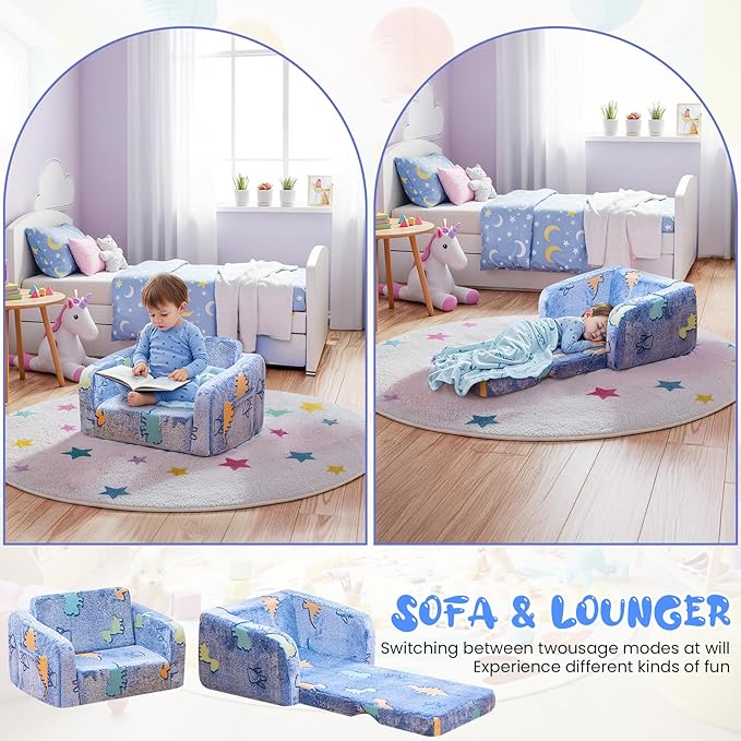 Lamerge 2-in-1 Soft Toddler Couch Fold Out,Foldable Toddler Chair, Glow in The Dark Kids Sofa for playroom,Convertible Foam and Floor Cushion for Boys and Girls (Blue and Dinosaur)