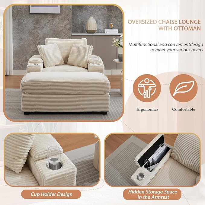 50" Oversized Chaise Lounge Chair Indoor with Ottoman and Storage, Deep Seat Upholstered Reading Chair, Comfy Corduroy Sleeper Chair with Cup Holder, Reclining Chair for Living Room, Bedroom, Beige
