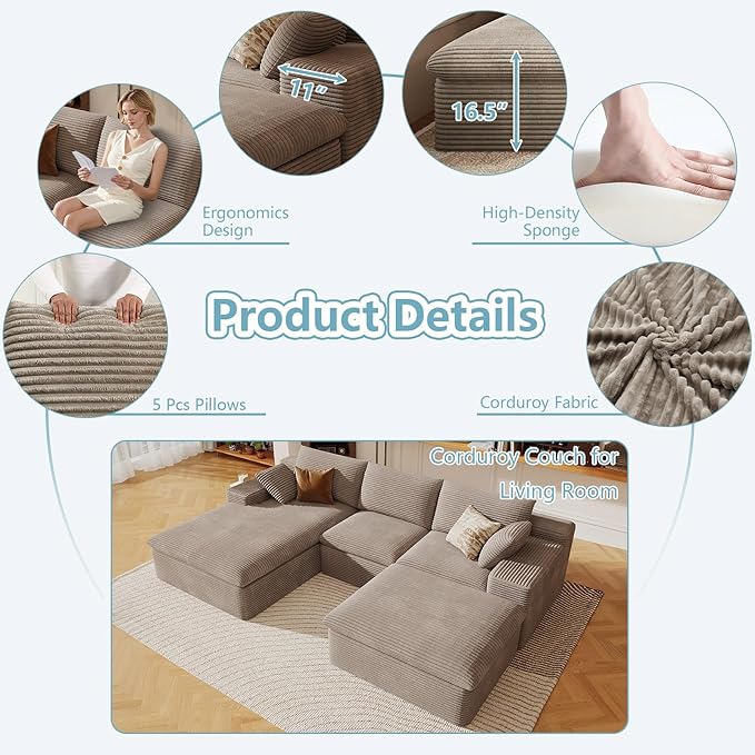 107" Cloud Sectional Couch with U-Shaped Chaise,Corduroy Viral Boneless Sofa with Ottoman,Memory Foam Couches in a Box with Deep Seat for Living Room,No Assembly Required (Camel,Left-Facing Chaise)