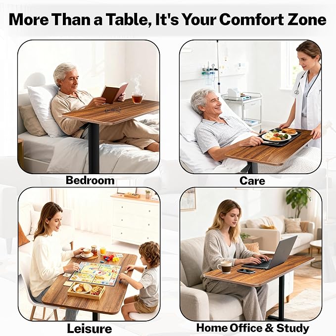 Adjustable Overbed Bedside Table with Wheels(31.2" W), Hospital Bed Table Over The Bed, Mobile Standing Desk Rolling Computer Cart, Laptop Desk with Hidden Casters