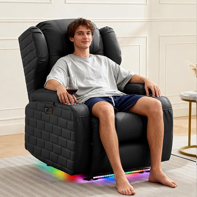 Wall Hugger Power Recliner Chair with Heat and Massage, Overstuffed Reclining Sofa Chair for Living Room Home Theater RV with 3-Side LED Lights/Cup Holders/USB & Type C Port (Black)