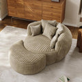 50" W Oversized Round Chaise Lounge Chair with Ottoman Indoor Boneless Plush Fluffy Corduroy Circle Couch Soft Comfy Cozy Cloud Reading Chair for Living Room, Playroom, Bedroom - Camel