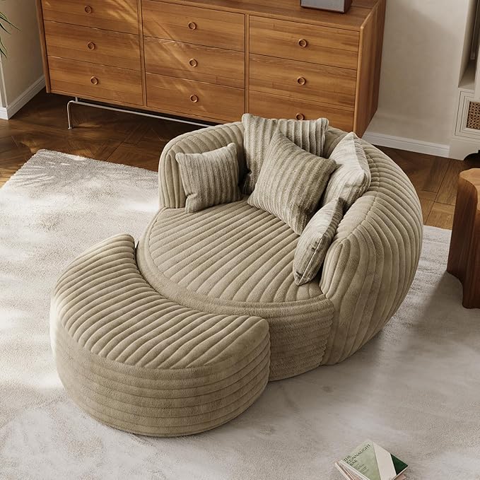 50" W Oversized Round Chaise Lounge Chair with Ottoman Indoor Boneless Plush Fluffy Corduroy Circle Couch Soft Comfy Cozy Cloud Reading Chair for Living Room, Playroom, Bedroom - Camel