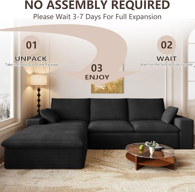 107 Inch Cloud Sectional Couch, Modern Modular Sectional Sofa with L-Shape Chaise, Corduroy Boneless Couches with Deep Seat for Living Room Bedroom, No Assembly Required (Black, Left Facing Chaise)