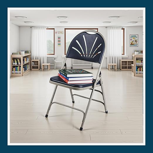 OEF Furnishings OEF1100 Series Premium Heavy-Duty Plastic Folding Chairs, Commercial Fanback Event Chairs with Triple Brace and 500 lb Capacity (4-Pack, Navy Plastic with Gray Frame)