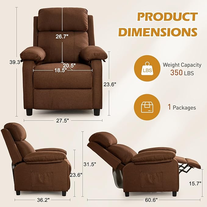 Recliner Chair, Living Room Chairs for Adults, Padded Deep Seat Reading Chair with Side Pockets, Small Recliners for Small Spaces, Lounge Chair for Living Room, Bedroom, and RV (Linen)