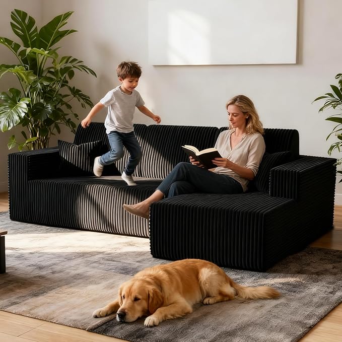Komusou 110" Boneless Couch, Cloud Modular Sectional Sofa with L-Shape Chaise, Modern Upholstered Couches for Living Room Bedroom No Assembly Required (Black, Right Facing Chaise)