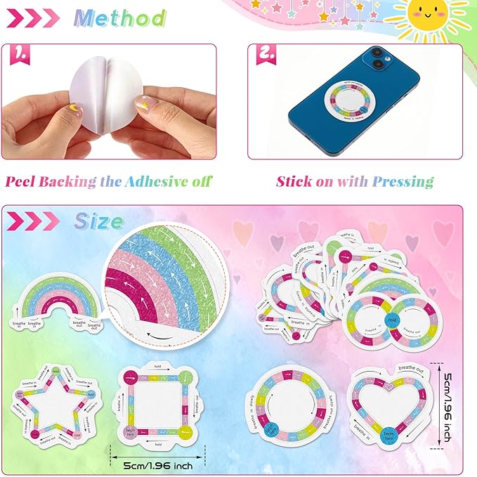 Gersoniel 72 Pcs Anxiety Sensory Stickers Strips Adhesive Textured Mental Health Calm Stickers Mindfulness Fidget Decals Stress Anxiety Relief Items for Therapy Office Desk Counselor(Cute Breathe)
