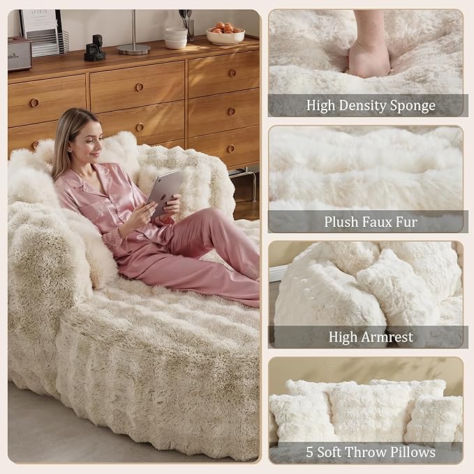 55" W Oversized Round Chaise Lounge Chair with Ottoman Indoor Boneless Faux Fur Plush Fluffy Circle Couch Soft Comfy Cozy Cloud Reading Chair for Living Room, Playroom, Bedroom - Beige White
