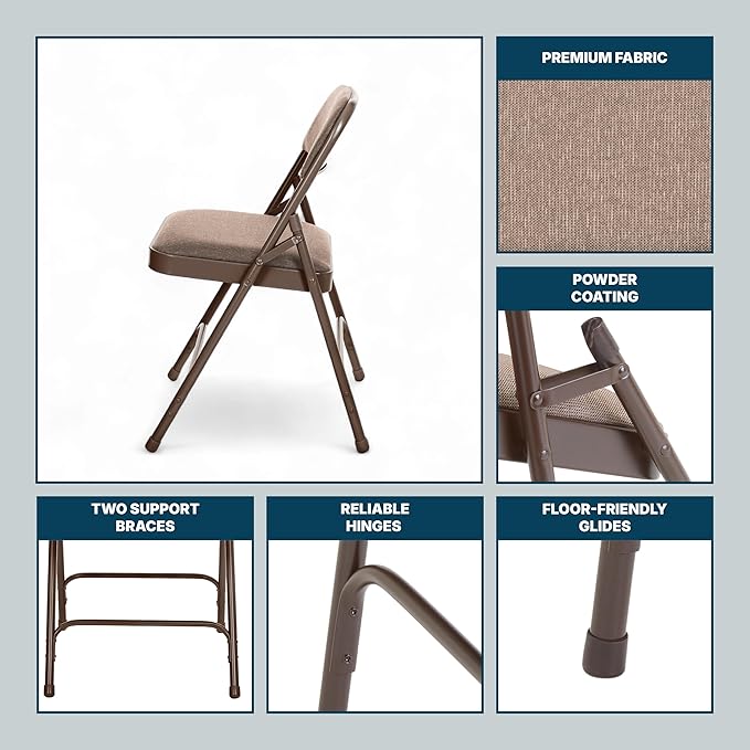 OEF Furnishings OEF2200 Series Heavy-Duty Premium Fabric Padded Upholstery Double-Hinged Folding Chairs (4-Pack, Honey Brown)