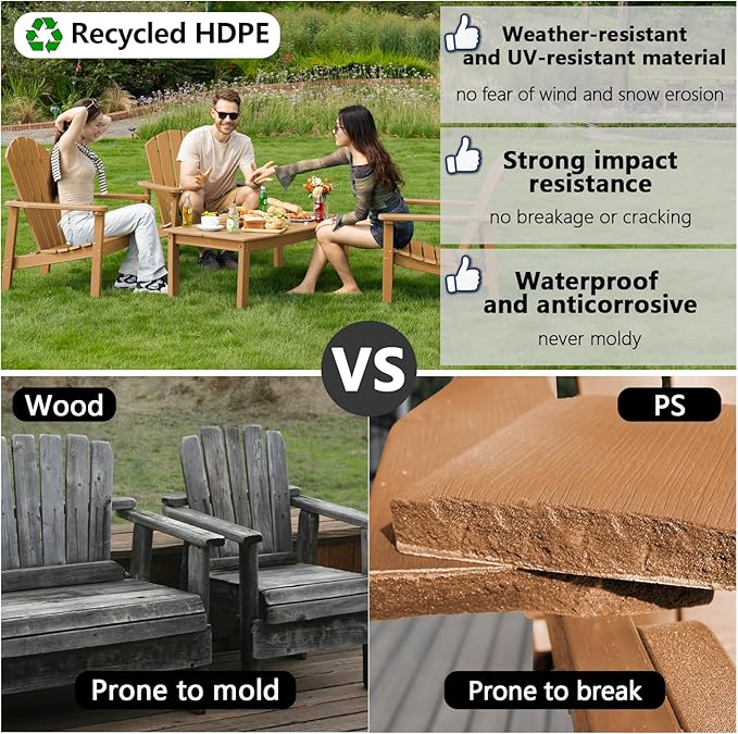nevilywood Compact Stackable Adirondack Chairs Set of 4, 26.3" Wide HDPE Outdoor Patio Chairs - Durable, Space-Saving Design for Porch, Lawn or Garden, Teak