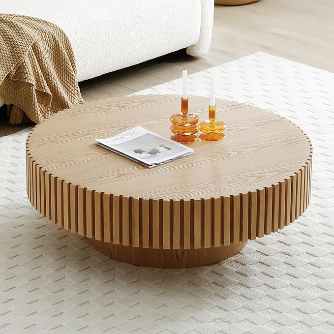 35.43''/90CM Samll Round Wood Coffee Table for Living Room, Modern Handcraft Drum Tea Table, Circle Wooden Coffee Table for Small Space Apartment (Oak, Ø35.43 x 13.77)