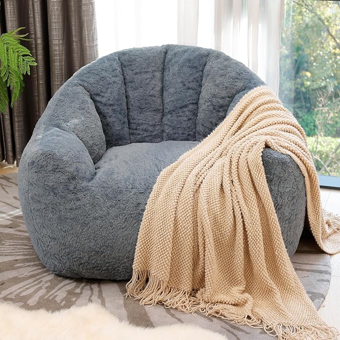 Big Bean Bag Chairs for Adults Giant Sofa with Faux Fur Shell-Shaped Beanbag Couch, Stuffed Large Bean Bag Floor Chair for Living Room, Beanbags Reading Chair for Bedroom Single Sofa(L-Blue)