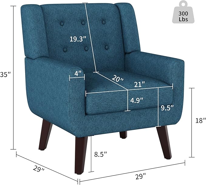 Accent Chairs Set of 2, Mid-Century Modern Upholstered Living Room Armchair, Comfy Linen Fabric Single Reading Arm Chair with Tufted Back and Wood Legs for Bedroom, Club (2, Dark Teal)
