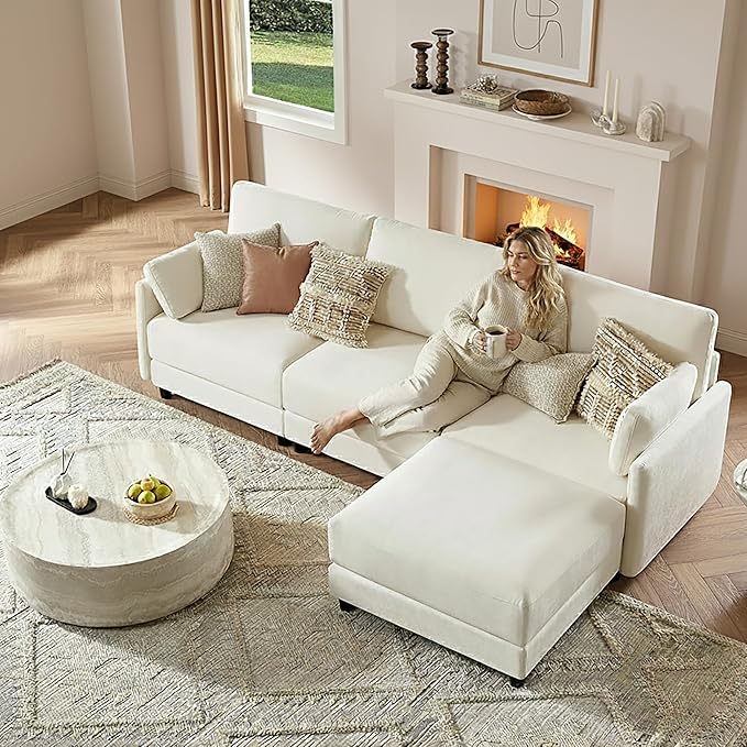 CHITA L Shaped Modular Sectional Sofa with Ottoman, Modern Cloud Couch for Living Room and Apartment, 4 Seat Extra Comfty Sofa, Removable Cover, 107 Inch Width, Cream