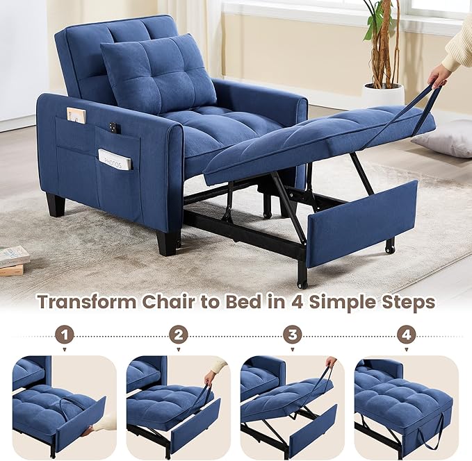 choairy Convertible Sleeper Chair, 3 in 1 Sleeper Chair Bed Pull Out Sofa Bed Chair, Single Sofa Bed Adjustable Backrest Chairs Bed Sleeper for Adults Reading Living Room, Bedroom, Velvet Blue