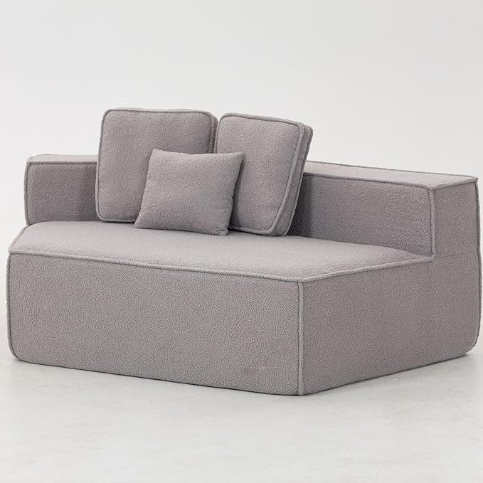 EPOFIT 1-Seater Teddy Fleece Modular Sofa Chair, Low-Profile Floor Seat with Wide Cushion and All-Foam Support, Left-Facing Design, Compressed Packaging – Grey