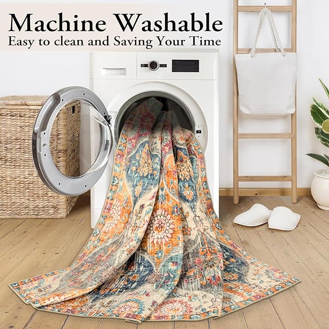 Lahome Moroccan 6x9 Rugs for Living Room, Soft Washable 6x9 Area Rug for Bedroom, Ultra-Thin Oriental Trellis Distressed Non Shedding Throw Large Carpet for Dining Room Office, Cream/Multi