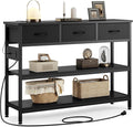Lulive Entryway Table with Power Outlets, Console Table with 3 Fabric Drawers, Sofa Table for Living Room, Hallway, Couch, Foyer, Height Adjustable (Black, 43")