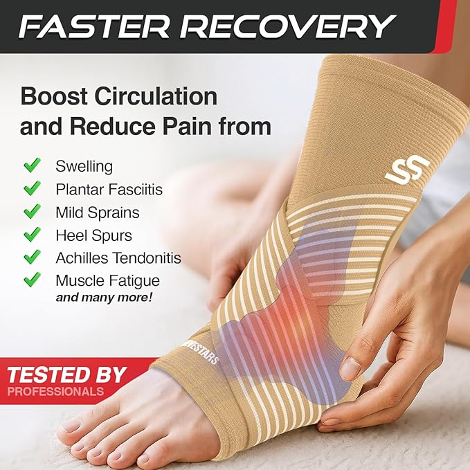 Sleeve Stars Ankle Brace for Women & Men, Ankle Wrap for Sprained Ankle, Compression Sleeve for Plantar Fasciitis Relief, Easy Customizable Support: w/Removable Strap (Single/L:12"-13"/Beige)