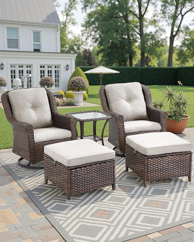 ACTREST Patio Ottoman Outdoor Wicker Side Table - 2PCS Multipurpose Heavy Duty All-Weather Brown Rattan Extra Seating Bench Footrest Footstool for Garden Back Porch Poolside Apartment - Beige
