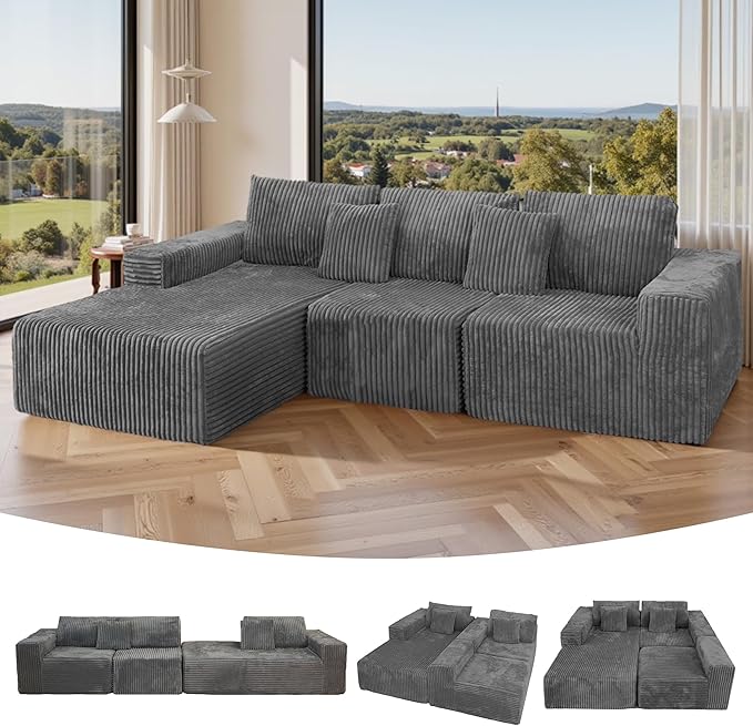 112.99" Boneless Cloud Couch, L Shaped Sectional Sofa with Chaise, No Assembly Required, Sink-in Corduroy Fabric & Memory Foam, Plush Modular Sofa for Apartment, Lounge, Dorm (Grey)