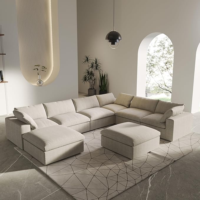 8 Seater Cloud Sectional Couch, Oversize Modular Sofa, Modern Comfy Cloud Sofa with Storage Ottomans, Covers Removable, Convertible Sleeper Couch for Living Room Apartment (Khaki, Linen Fabric)