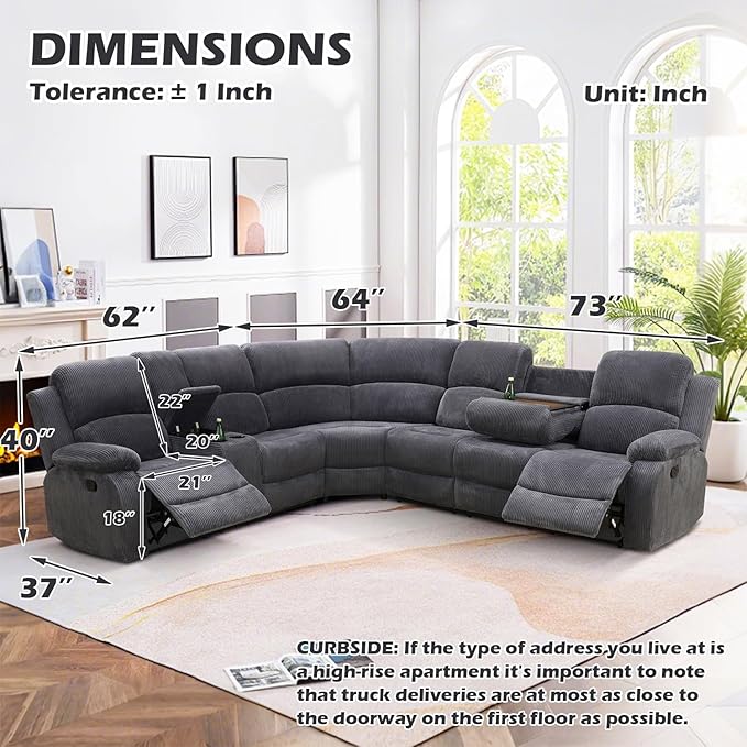 SIENWIEY Manual Recliner Sectional Sofa for Living Room,L Shaped Reclining Sectional Corner Couch with Loveseat,Gray Corduroy Recliner Sofa Set with Storage Console/Drop Down Coffee Table/Cup Holders