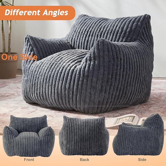 Giant Bean Bag Chairs for Adults with Filling Plush Fluffy Bean Bag Chairs for Teens with Armrests Comfy BeanBag Lazy Couch Sofa Chair for Bedroom Living Room Reading (Dark Gray2, M-for Teens/Adults)