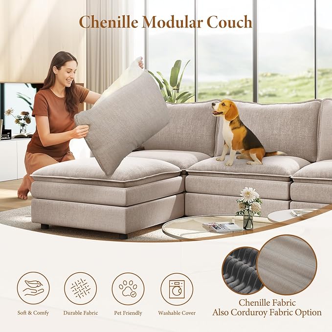 Vesgantti 101" V-Shaped Corner Couch Sectional, 7 Seat Customizable Modular Cloud Couches with Movable Ottoman, Chenille Deep Seat Sofa Set with Chaise for Living Room, Bedroom and Apartment, Brown